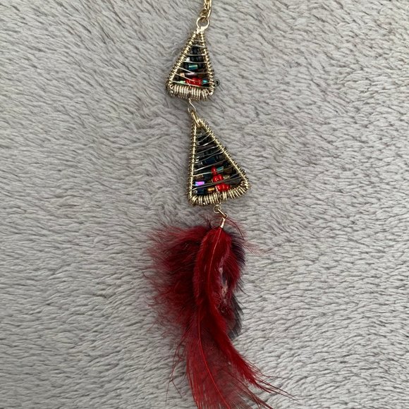 Express Layered Golden-Toned Beaded Triangles and Feather Necklace - Picture 11 of 15